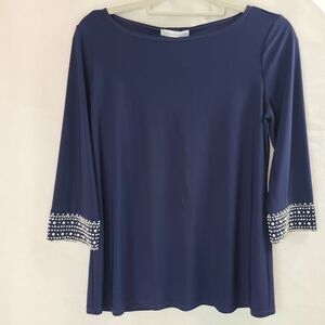 New ANNALEE + HOPE Women's (M) Navy Blue Embellished Sleeves Jersey Tunic Top